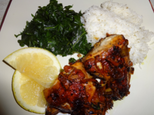 Ginger Ale Chicken with Rice and Greens.