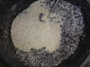 Adding the Rice Koji to the Mashed Beans.